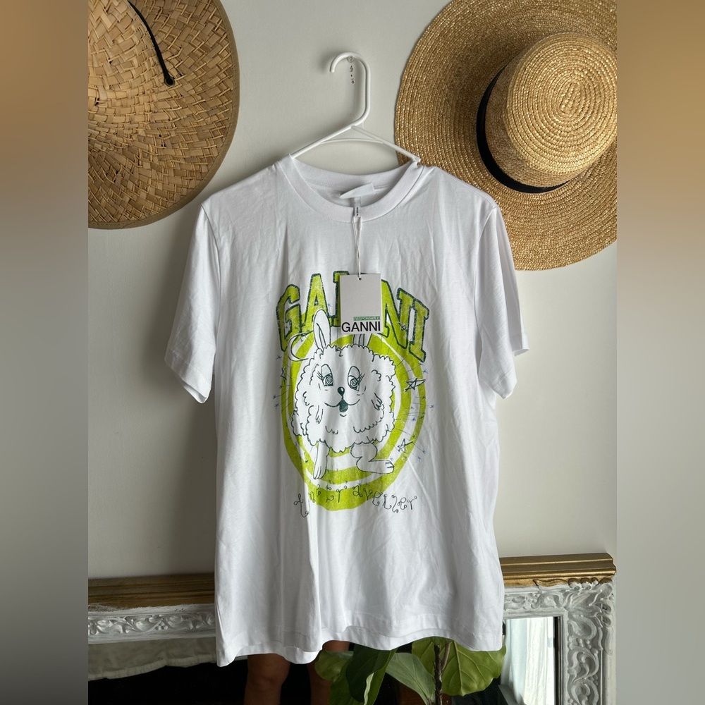 Ganni White Fun Bunny Print T-Shirt size medium
